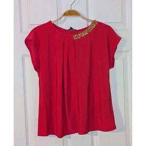 Tiana B Red Embellished Top XS Beaded Collar Pleated Party Blouse NWT